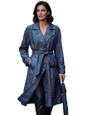 Vintage London Fog Floral Trench Coat Blue Purple Jacquard Belted Raincoat 10